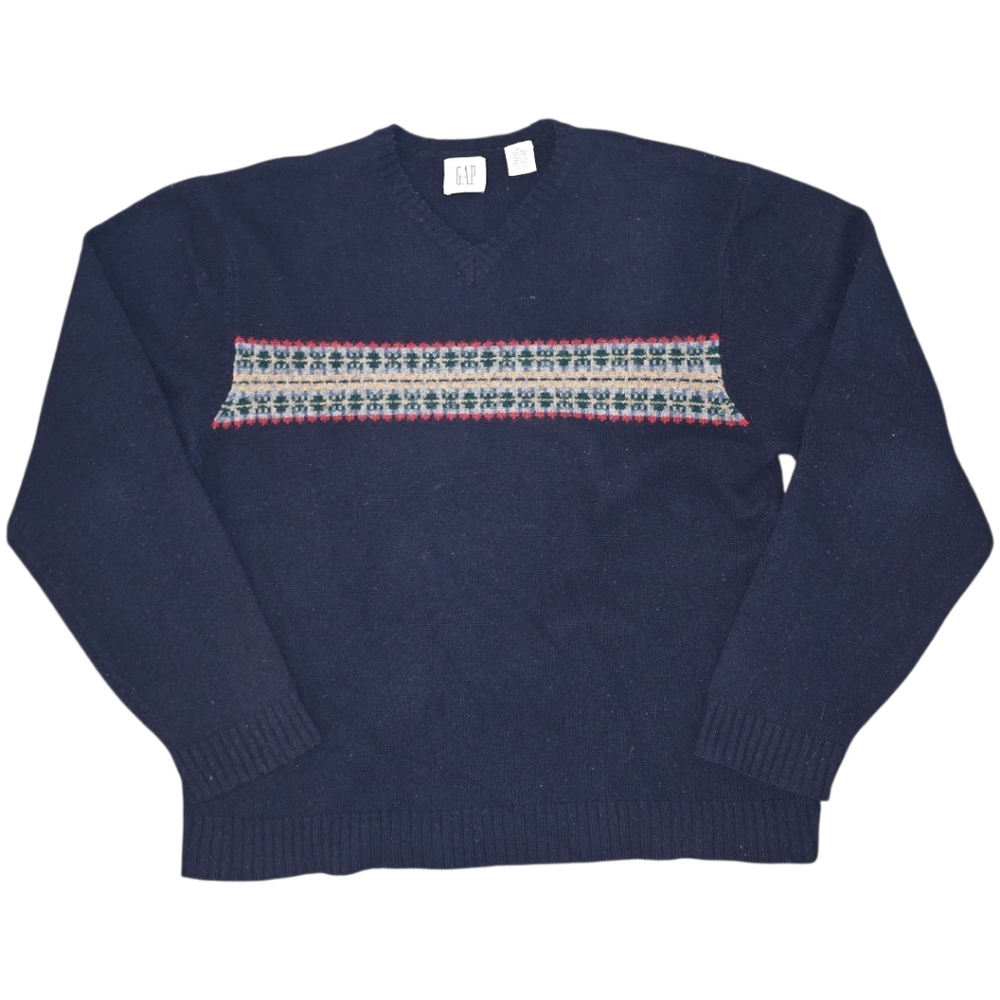 Vintage 90s GAP Men's V-Neck Wool Sweater | Size XL | Fair Isle Nordic Y2K Boxy